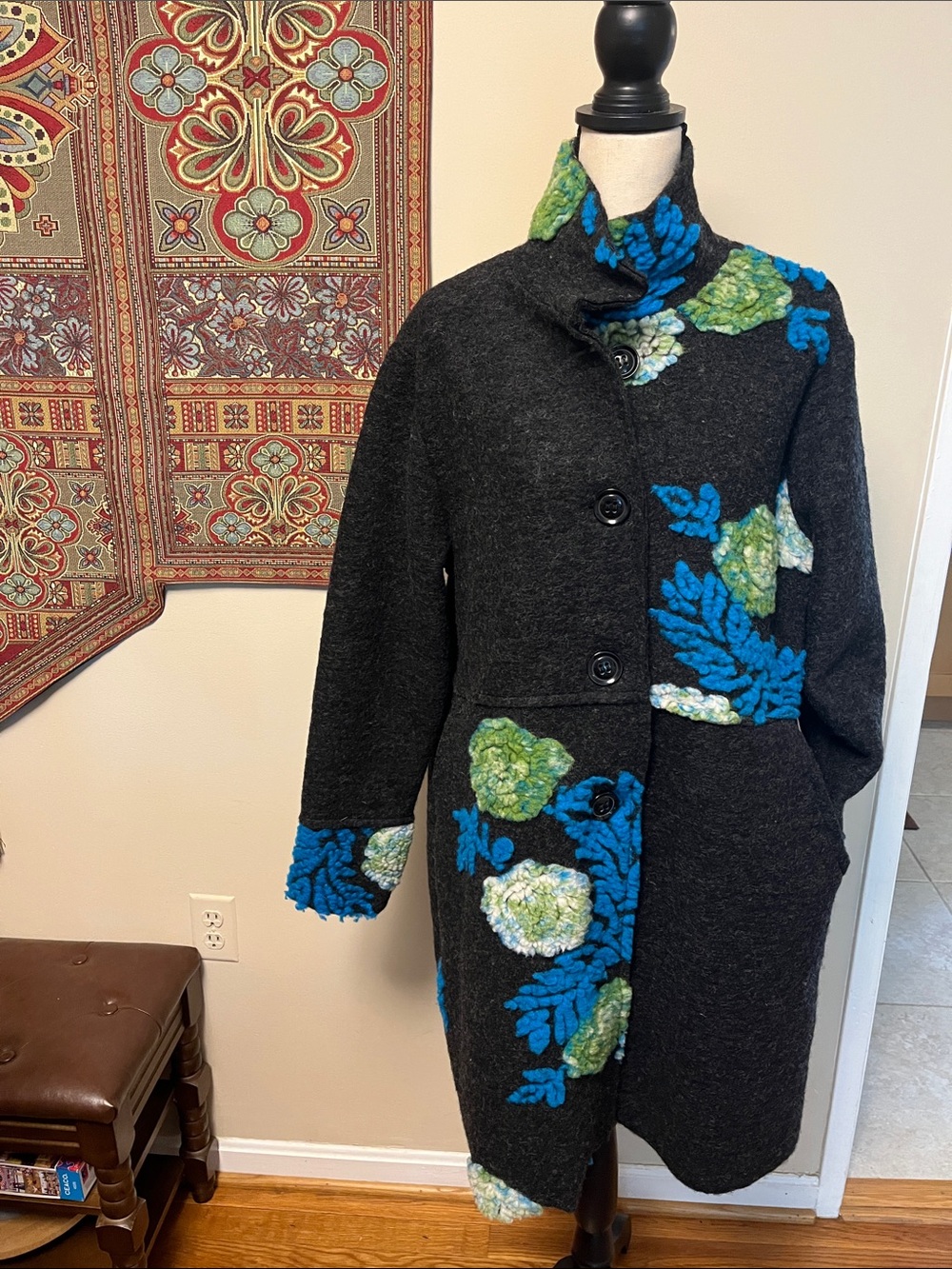 Charcoal wool felted embroidery coat, medium, made in Italy